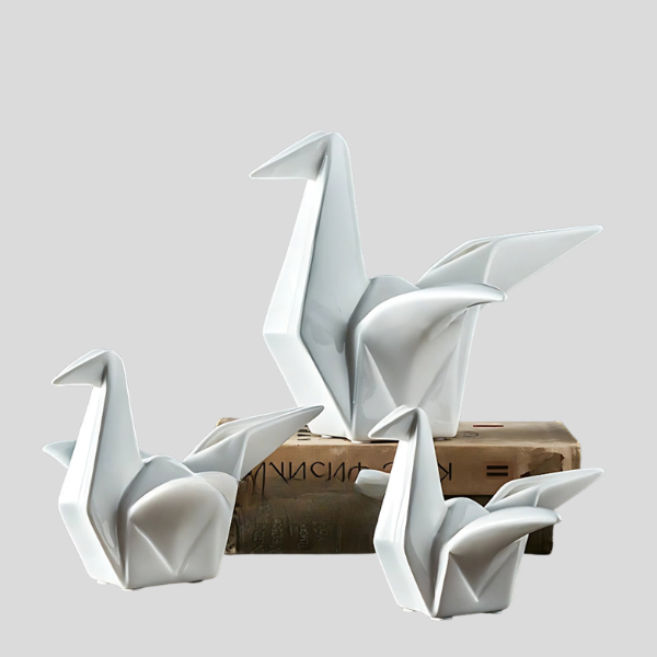 Orikaze Ceramic Sculpture Set – White Origami Bird Figurine Decorative Accent Home Decor Living Room