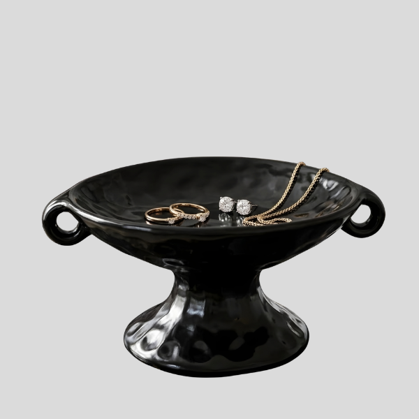 Scrollia Footed Catchall Tray – Black Ceramic Jewelry Organizer Decorative Vanity Dish Bedroom Nightstand
