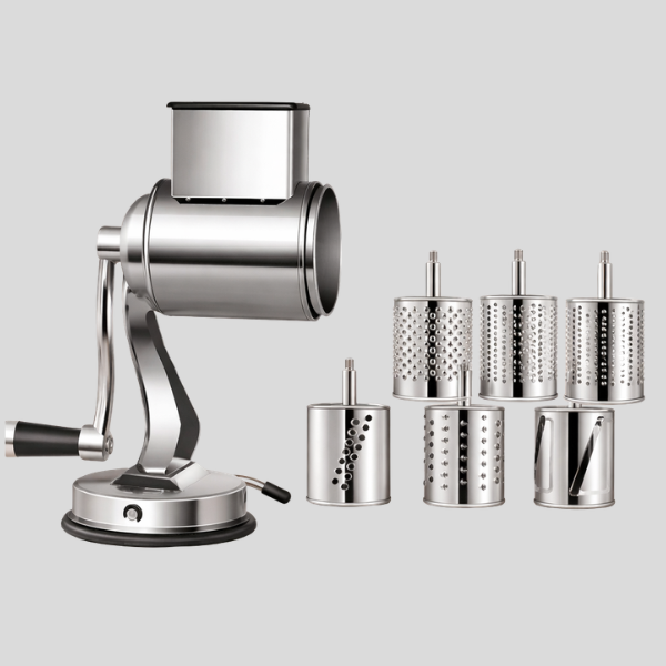 Gratiex Rotary Cheese Grater – Stainless Steel Drum Slicer Shredder 5 Interchangeable Blades Suction Base