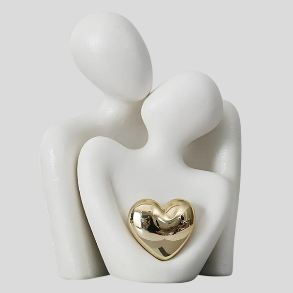 Embriel Embrace Sculpture – White Ceramic Couple Figurine Gold Heart Decorative Home Decor Living Room Bedroom