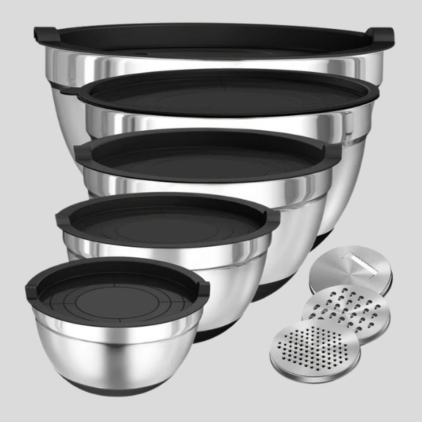 Stratton Nesting Mixing Bowl Set – Stainless Steel Airtight Lids Non Slip Base Kitchen Storage