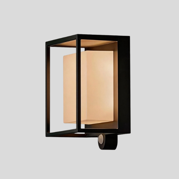 Caldex Frame Wall Sconce – Black Metal Cage Decorative Lighting Warm Fabric Shade Living Room Bedroom