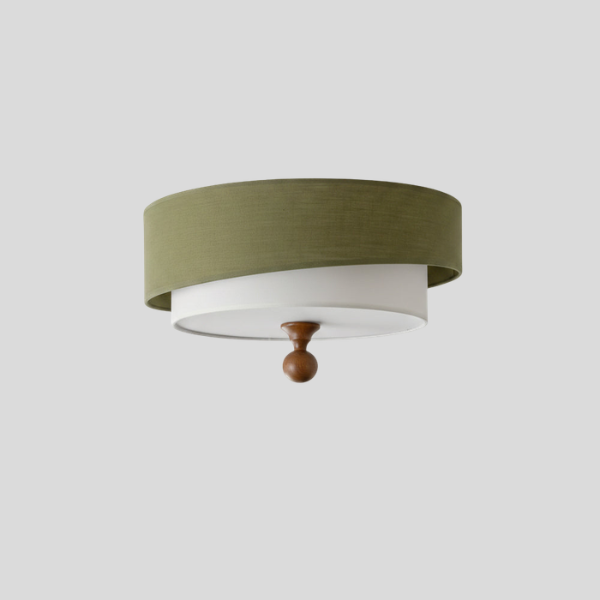 Olvera Drum Flush Mount – Green Fabric Ceiling Light Wood Accent Bedroom Living Room Decorative Lighting