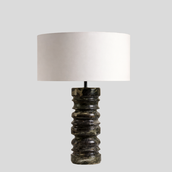 Strato Marble Table Lamp – Modern Dark Green Marble Base White Drum Shade Living Room Bedroom Decorative Lighting
