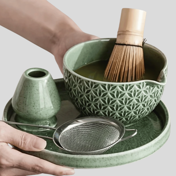 Celadyn Matcha Tea Set – Japanese Ceramic Bowl Bamboo Whisk Strainer Tray Green Geometric Pattern