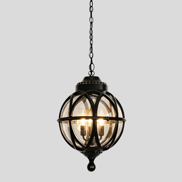 Garvion Sphere Pendant Light – Outdoor Black Metal Cage Globe Chandelier Porch Entryway Decorative Lighting