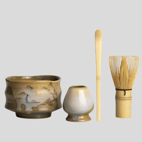 Kenshiro Matcha Tea Set – Traditional Japanese Bamboo Whisk Ceramic Bowl Scoop 4 Piece Ceremonial Kit