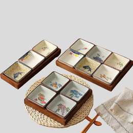 Hanami Ceramic Sauce Dish Set – Japanese Hand-Painted Small Serving Bowls Wood Tray Kitchen Dining Decor