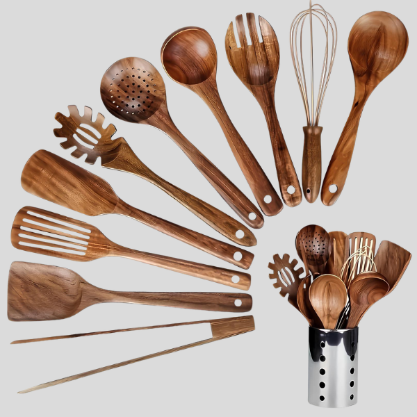 Gravenwood Utensil Set – Natural Teak Wood Kitchen Cooking Tools 11 Piece Nonstick Spatula Spoon Holder