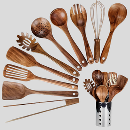Gravenwood Utensil Set – Natural Teak Wood Kitchen Cooking Tools 11 Piece Nonstick Spatula Spoon Holder