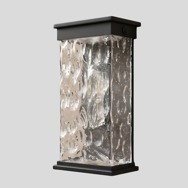 Glacien Water Glass Wall Sconce – Outdoor Black Metal Textured Glass Panel LED Light Fixture Patio Entryway