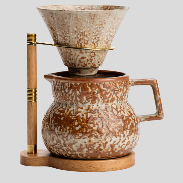 Torreno Pour Over Coffee Set – Ceramic Speckled Brown Dripper Brewer Wood Stand Kitchen Coffee Maker