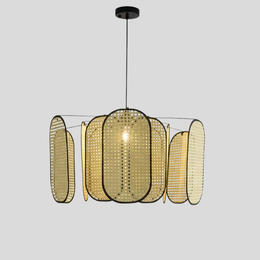 Ravello Pendant Light – Rattan Woven Black Metal Frame Dining Room Ceiling Decorative Lighting
