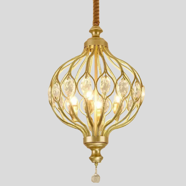 Calantha Crystal Pendant Light – Gold Brass Cage Dining Room Chandelier Decorative Lighting Kitchen Island