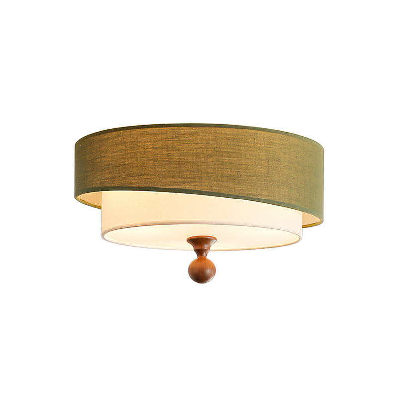 Olvera Drum Flush Mount – Green Fabric Ceiling Light Wood Accent Bedroom Living Room Decorative Lighting