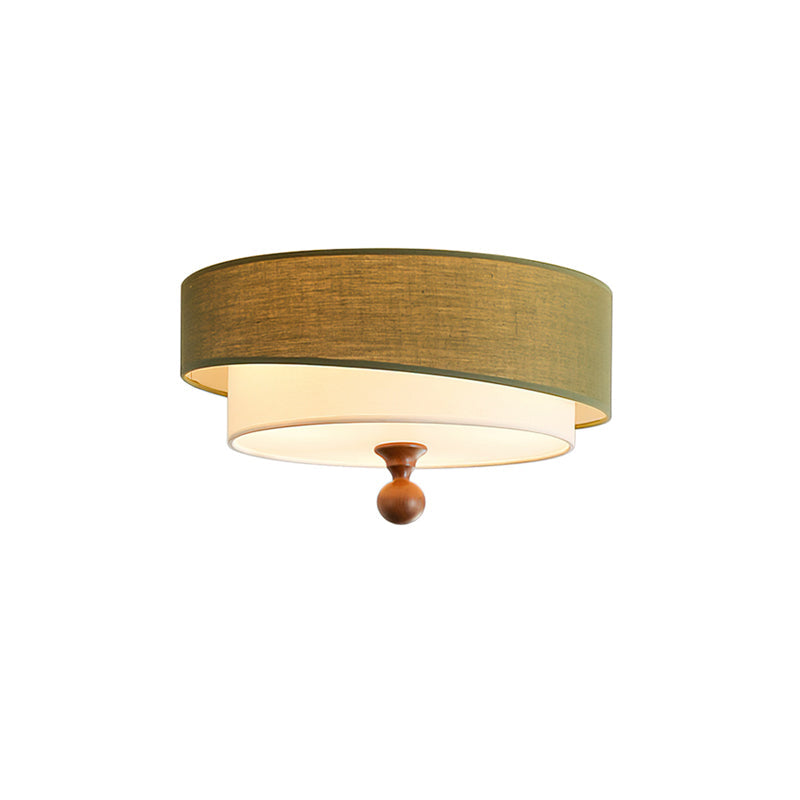Olvera Drum Flush Mount – Green Fabric Ceiling Light Wood Accent Bedroom Living Room Decorative Lighting