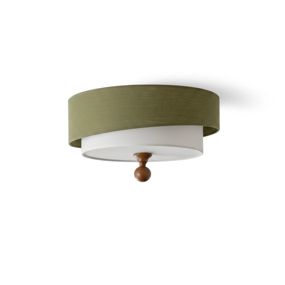 Olvera Drum Flush Mount – Green Fabric Ceiling Light Wood Accent Bedroom Living Room Decorative Lighting