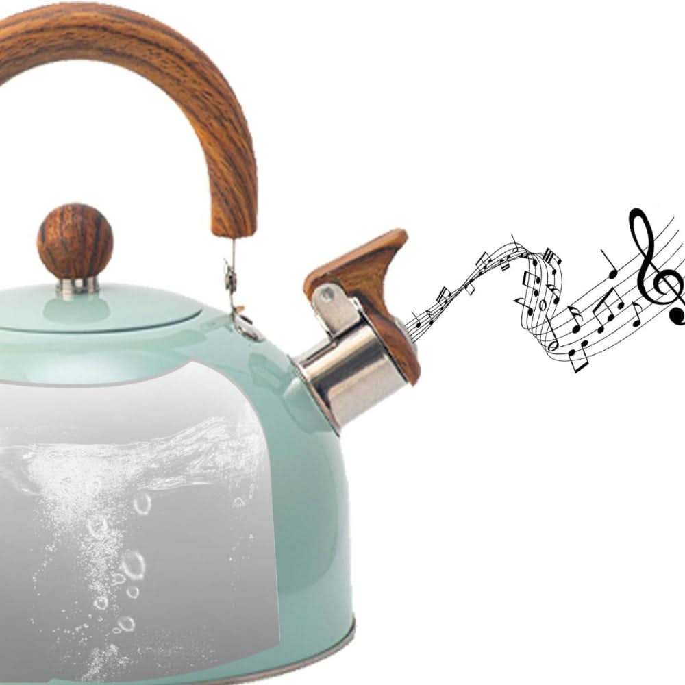 Calder Wood Handle Tea Kettle – Stovetop Whistling Kettle Stainless Steel Mint Green Enamel Finish