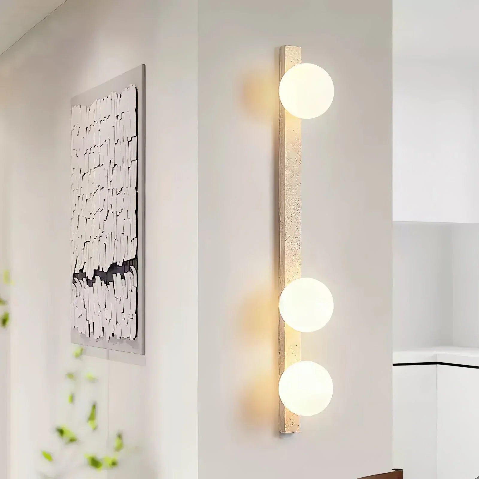 Travertine Sphere Wall Sconce - Vertical Travertine Stone Modern Wall Lighting