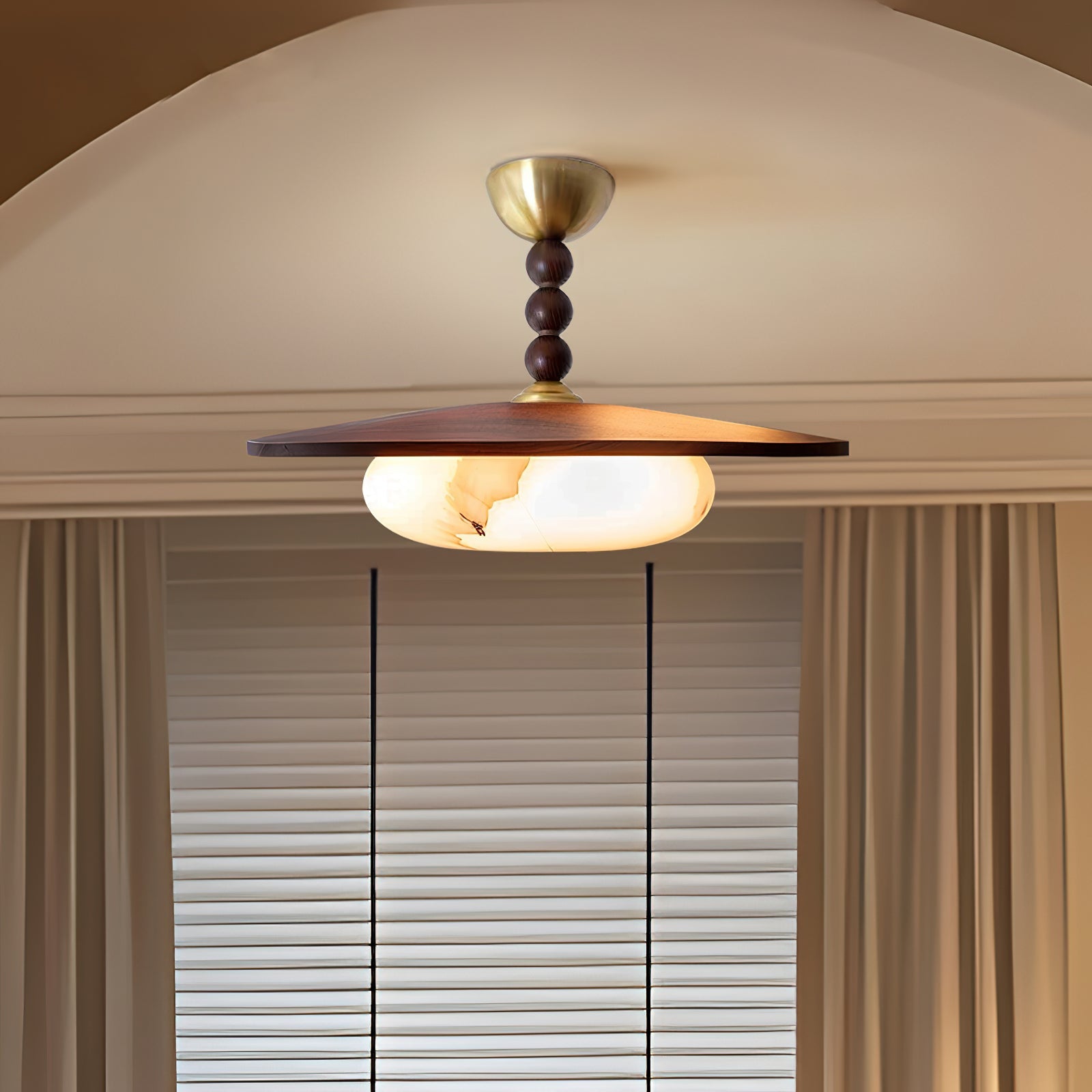 Birchwood Dome Ceiling Light – Warm Wood Shade Brass Accents Alabaster Diffuser Indoor Contemporary LED Compatible