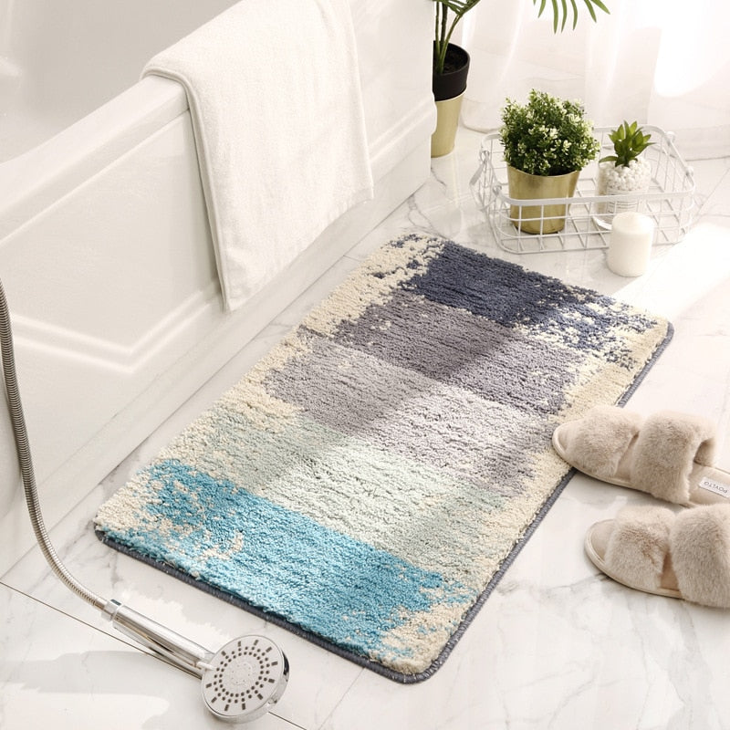 Coastlyn Ombre Bath Mat – Soft Microfiber Non-Slip Bathroom Rug Blue Gray Fast Drying Machine Washable