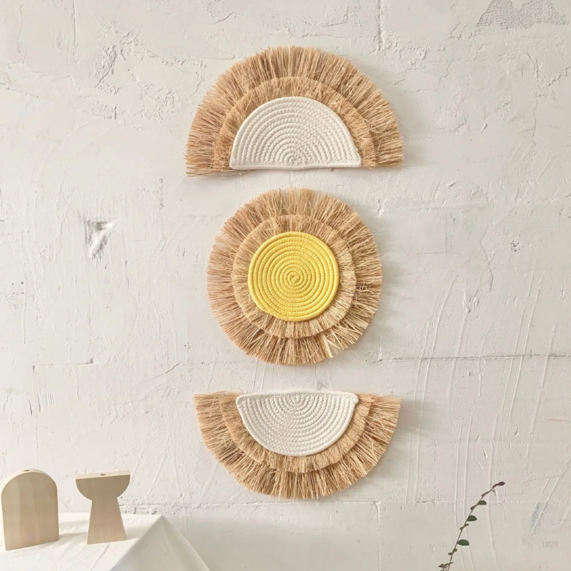 Solari Sunset Wall Hanging – Boho Decorative Macrame Wall Decor Cotton Raffia Straw Bedroom Living Room