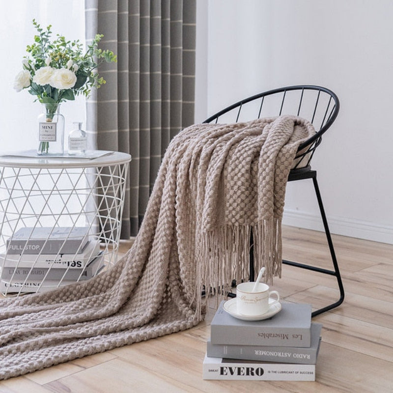 Knitwell Waffle Throw Blanket – Chunky Knit Textured Fringe Cozy Soft Decorative Sofa Couch Bedroom
