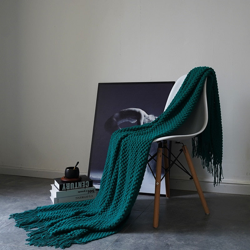 Knitwell Waffle Throw Blanket – Chunky Knit Textured Fringe Cozy Soft Decorative Sofa Couch Bedroom