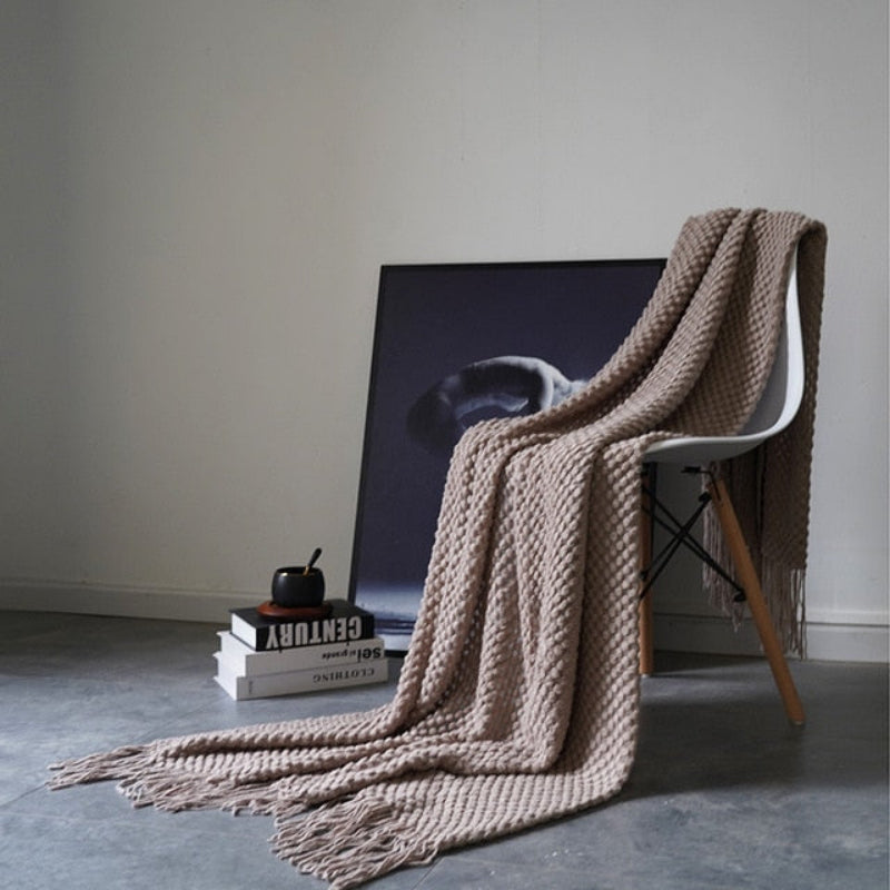 Knitwell Waffle Throw Blanket – Chunky Knit Textured Fringe Cozy Soft Decorative Sofa Couch Bedroom