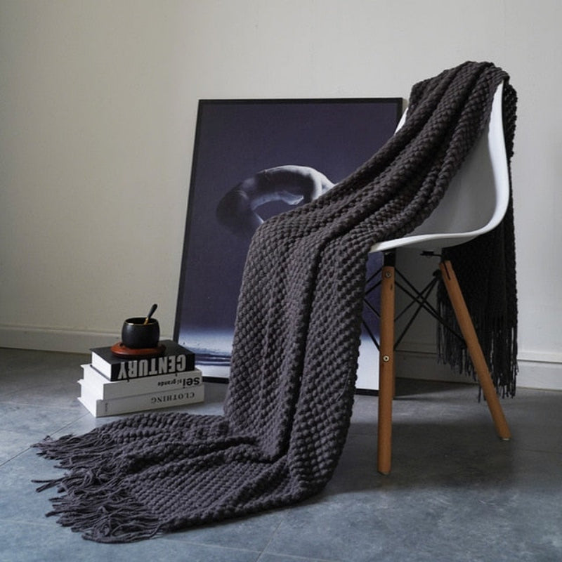 Knitwell Waffle Throw Blanket – Chunky Knit Textured Fringe Cozy Soft Decorative Sofa Couch Bedroom