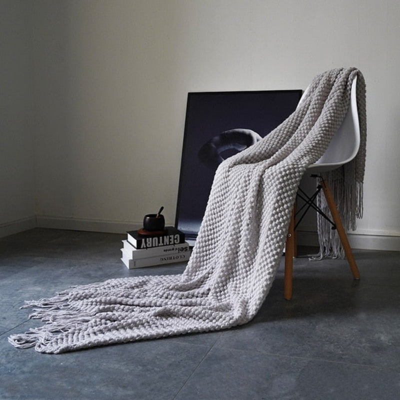 Knitwell Waffle Throw Blanket – Chunky Knit Textured Fringe Cozy Soft Decorative Sofa Couch Bedroom