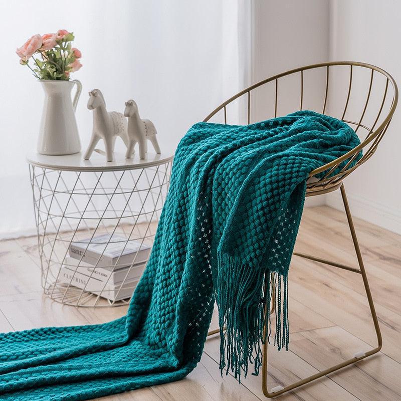 Knitwell Waffle Throw Blanket – Chunky Knit Textured Fringe Cozy Soft Decorative Sofa Couch Bedroom