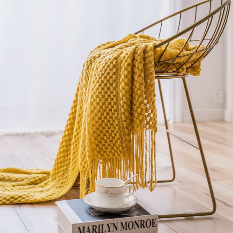 Knitwell Waffle Throw Blanket – Chunky Knit Textured Fringe Cozy Soft Decorative Sofa Couch Bedroom