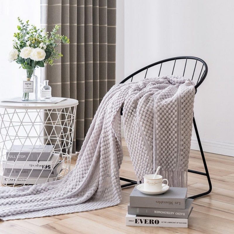 Knitwell Waffle Throw Blanket – Chunky Knit Textured Fringe Cozy Soft Decorative Sofa Couch Bedroom