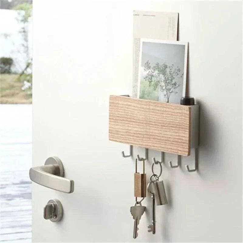Grainwell Wall Organizer – Wall Mounted Key Mail Holder Wooden Shelf Entryway Storage Hooks