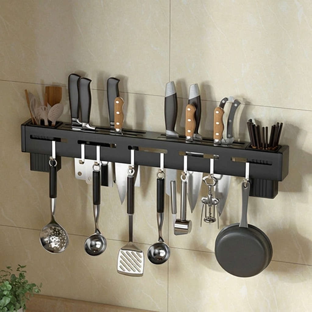 Calvex Wall Mounted Knife Rack – Kitchen Utensil Organizer Storage Holder Magnetic Stainless Steel Black