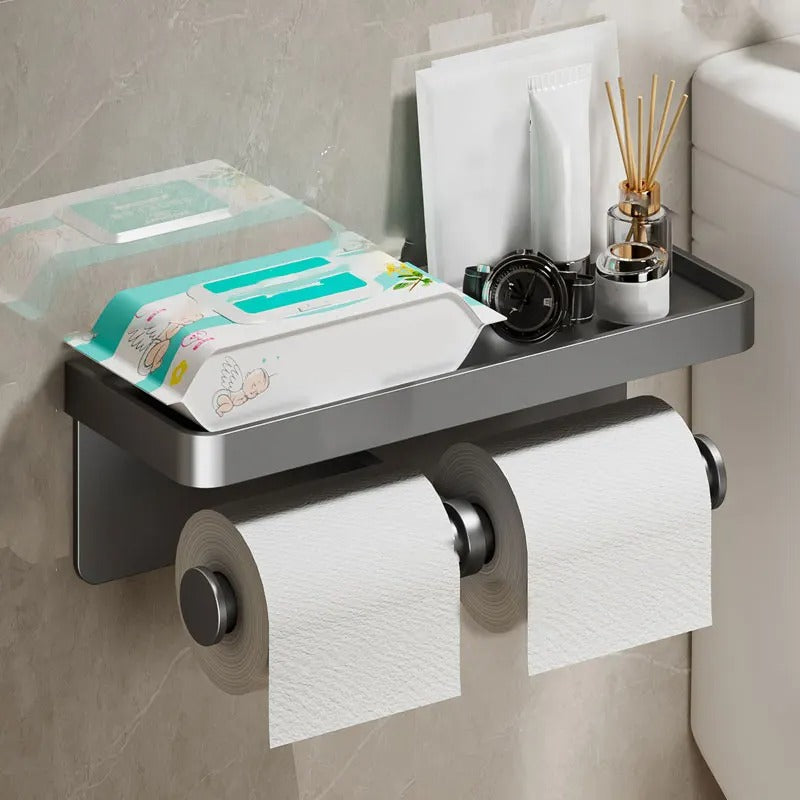Vektra Ledge Toilet Paper Holder – Wall Mounted Bathroom Tissue Holder Storage Shelf Matte Black