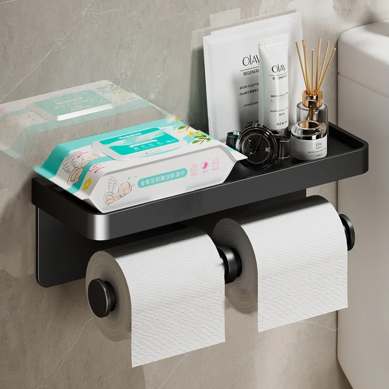 Vektra Ledge Toilet Paper Holder – Wall Mounted Bathroom Tissue Holder Storage Shelf Matte Black