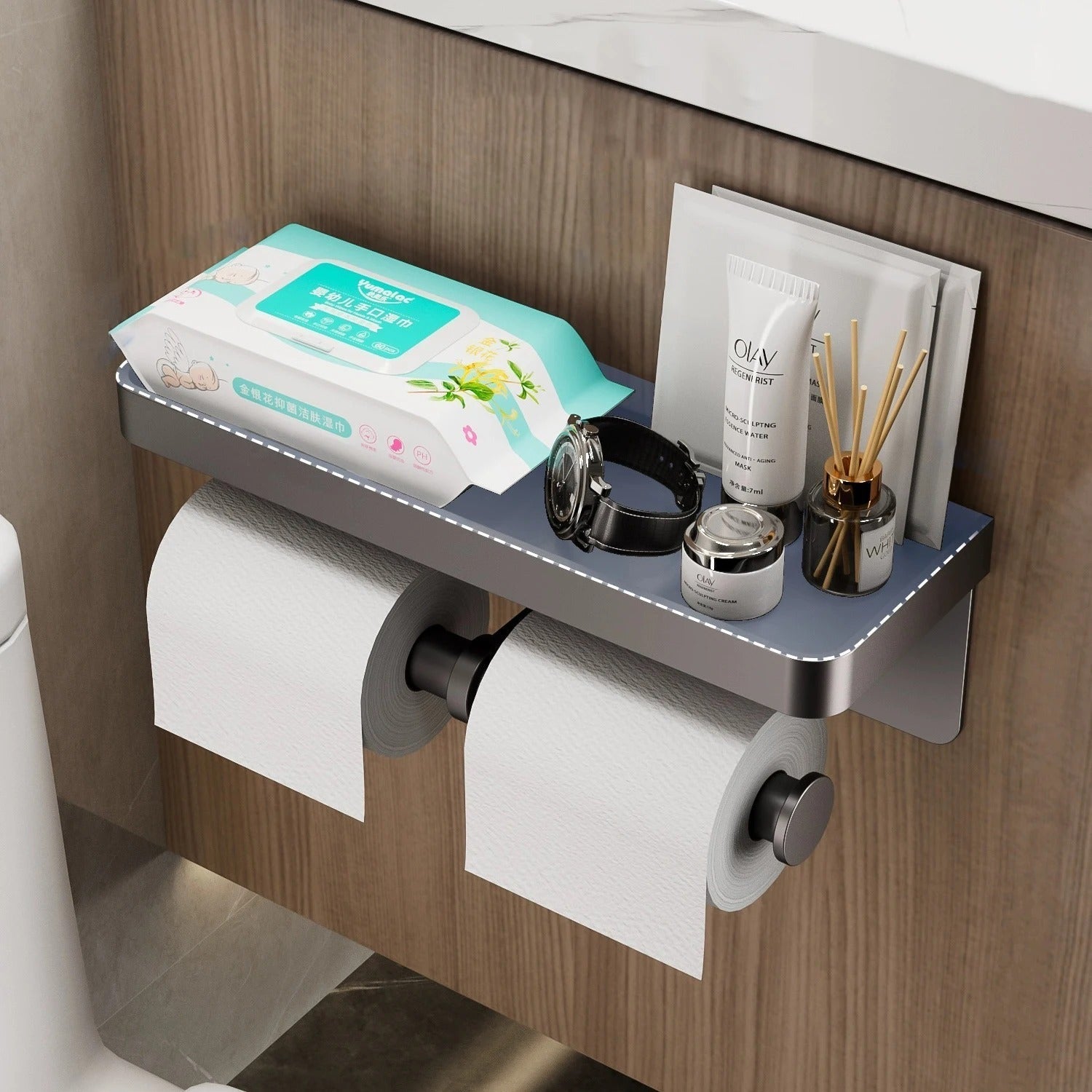 Vektra Ledge Toilet Paper Holder – Wall Mounted Bathroom Tissue Holder Storage Shelf Matte Black