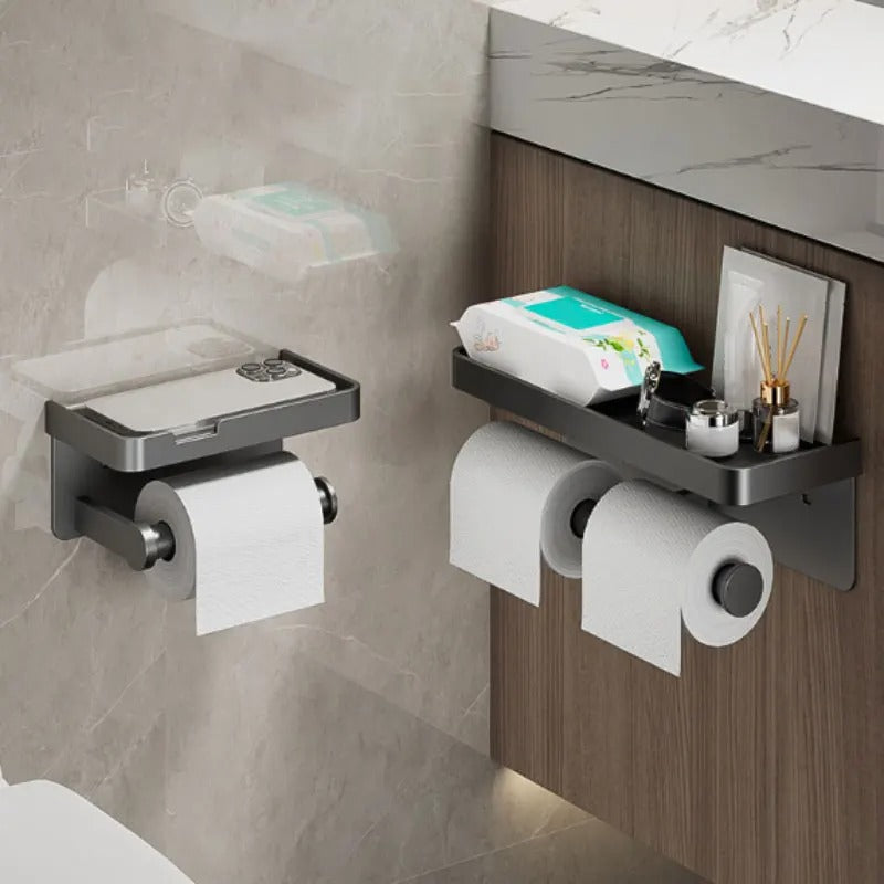 Vektra Ledge Toilet Paper Holder – Wall Mounted Bathroom Tissue Holder Storage Shelf Matte Black