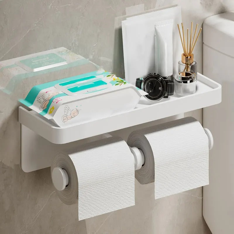 Vektra Ledge Toilet Paper Holder – Wall Mounted Bathroom Tissue Holder Storage Shelf Matte Black