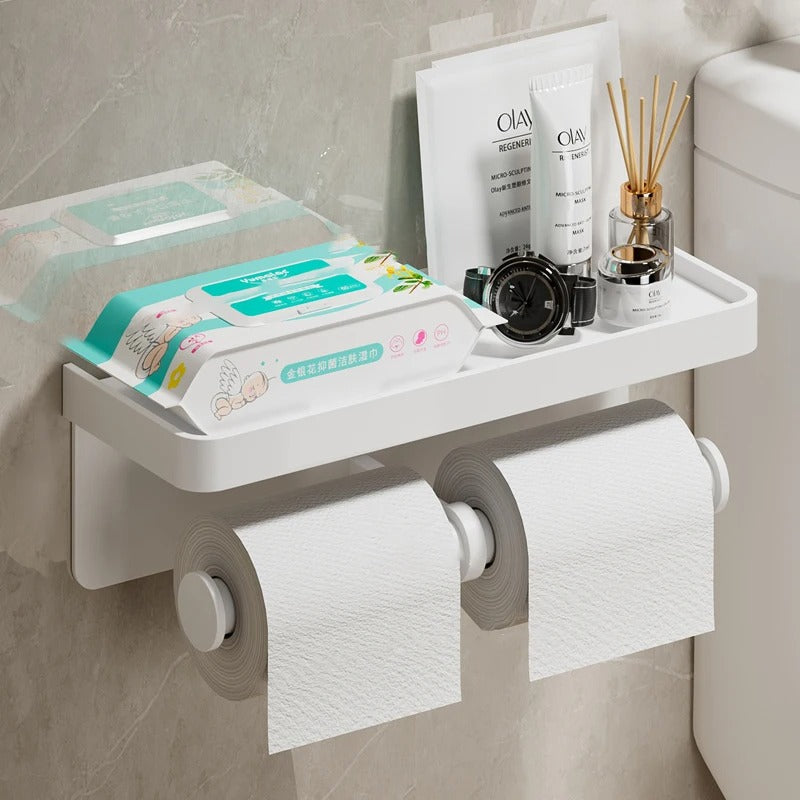 Vektra Ledge Toilet Paper Holder – Wall Mounted Bathroom Tissue Holder Storage Shelf Matte Black