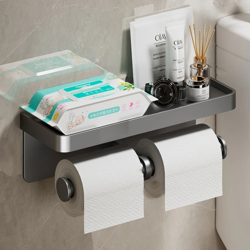 Vektra Ledge Toilet Paper Holder – Wall Mounted Bathroom Tissue Holder Storage Shelf Matte Black
