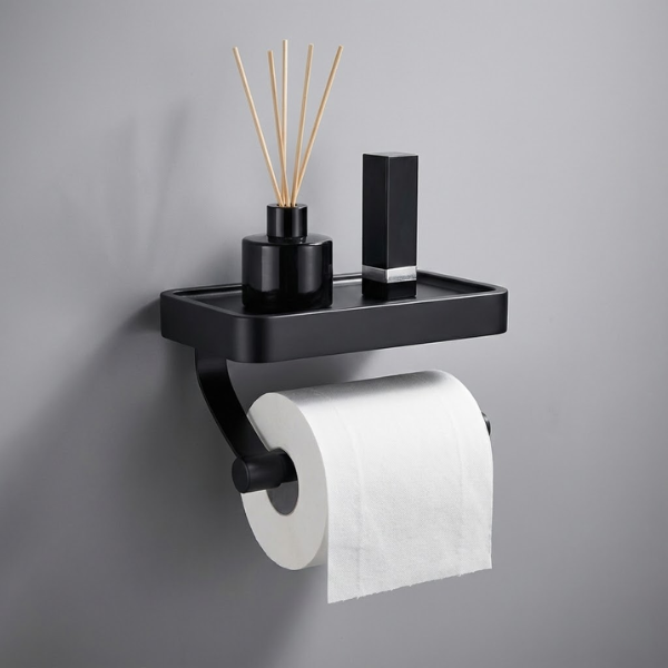 Cortex Ledge Toilet Paper Holder – Wall Mounted Bathroom Storage Shelf Phone Organizer White