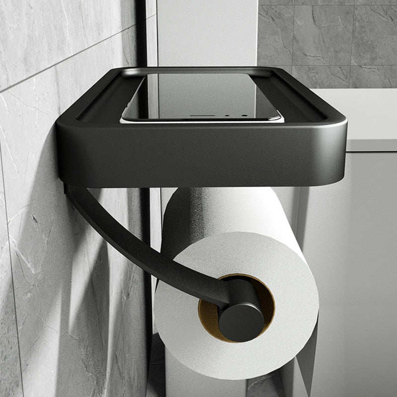 Cortex Ledge Toilet Paper Holder – Wall Mounted Bathroom Storage Shelf Phone Organizer White