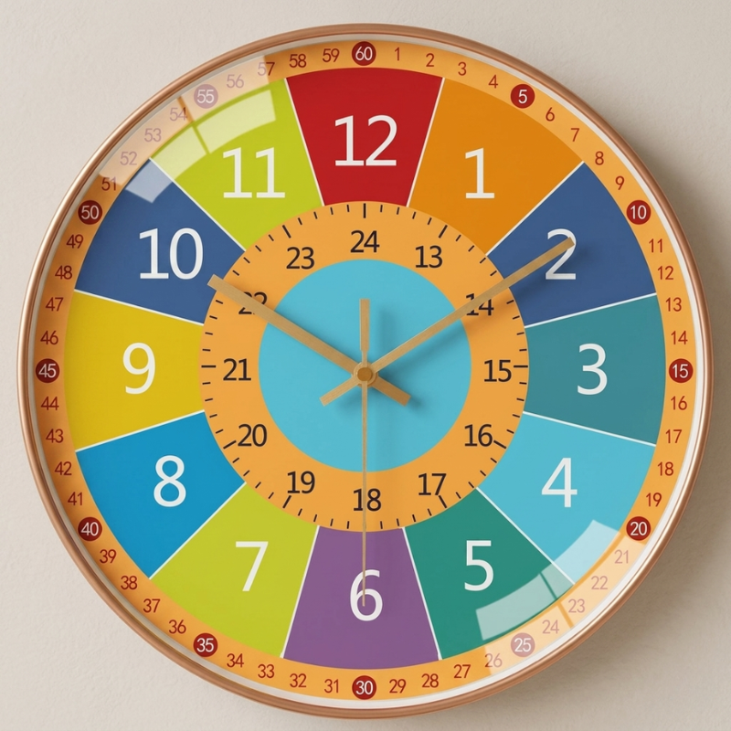 Tempora Learning Wall Clock – Educational Kids Room Colorful Time Teaching Clock Wooden Frame