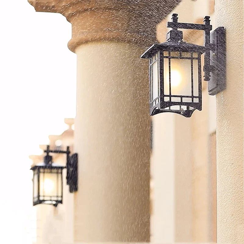 Kyoto Pagoda Outdoor Wall Lantern – Decorative Lighting Fixture Patio Entryway Black Metal Glass Sconce