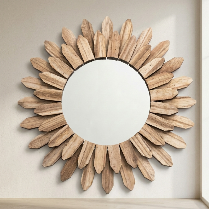 Solarian Sunburst Wall Mirror – Round Natural Wood Decorative Living Room Bedroom Entryway Decor