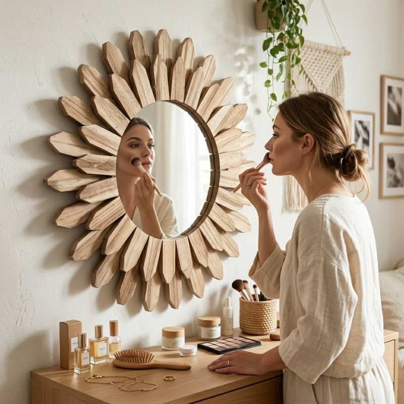 Solarian Sunburst Wall Mirror – Round Natural Wood Decorative Living Room Bedroom Entryway Decor