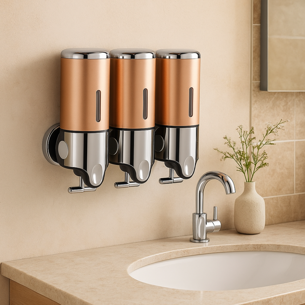 Bronson Triple Soap Dispenser – Wall Mounted Bathroom Kitchen Shampoo Organizer Chrome Rose Gold